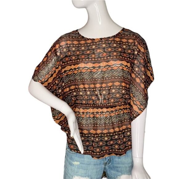 ULTRA FLIRT TRIBAL Sheer Women Top Short Sleeve Elastic on Waist Size M - Picture 1 of 8